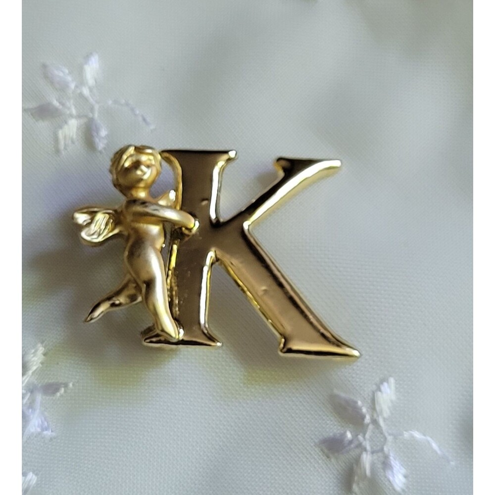 Vintage L Razza Initial Letter K  Angel Brooch Pin Gold Tone Signed 1"